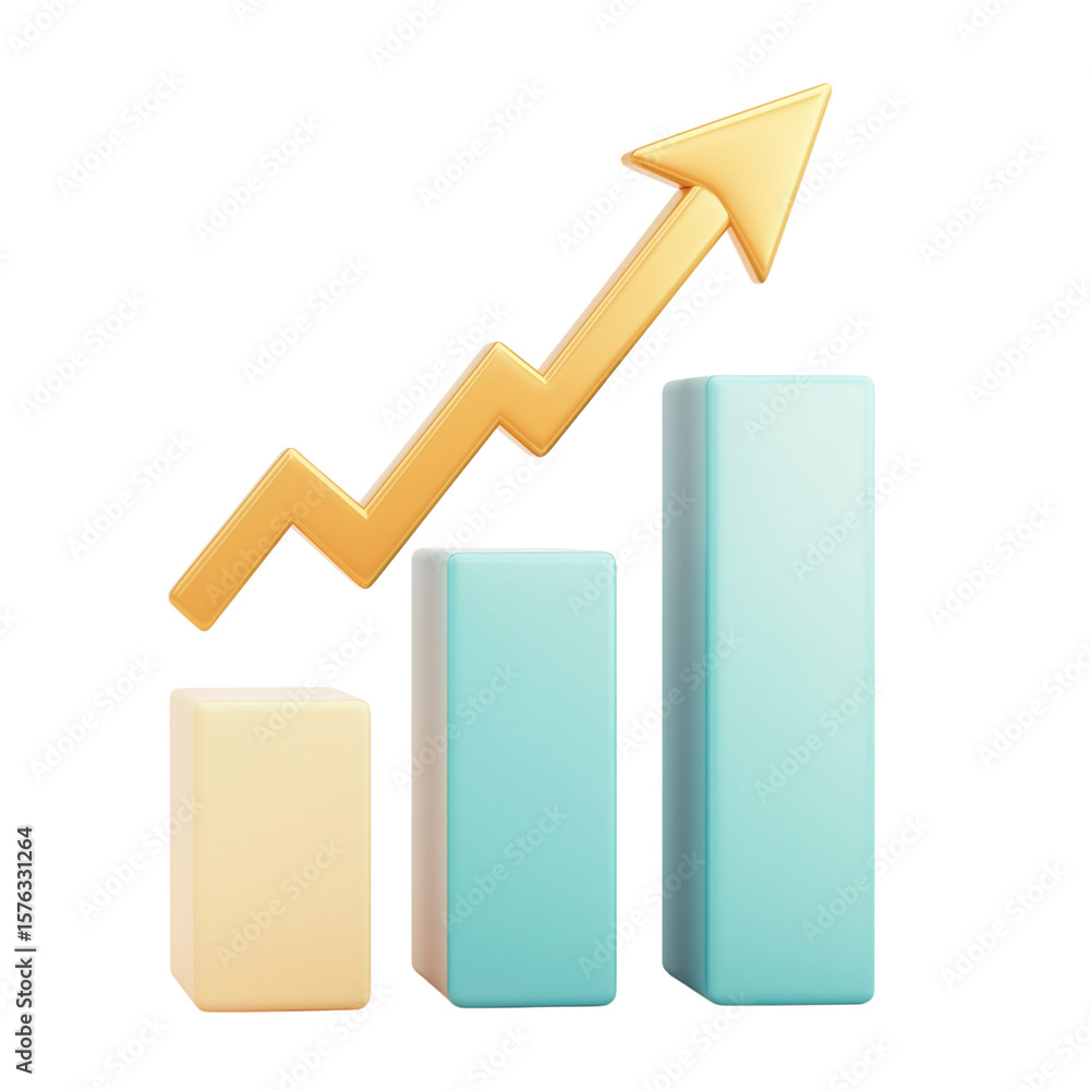 Poster 3d golden arrow graph showing upward trend and growth isolated on transparent background