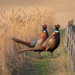 Two male ring necked pheasants in a field with wheat