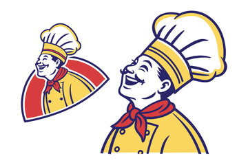 Smiling Chef in a Culinary Emblem: A jovial chef, adorned in classic attire, beams with infectious happiness, embodying the spirit of culinary arts and expertise. 