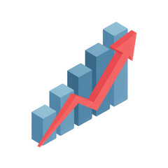 Isometric 3d bar chart with upward trending red arrow illustrating growth and success isolated on transparent background