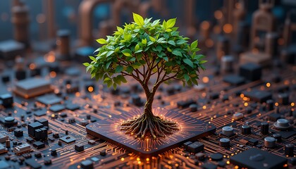 picture of a ree with leaves emerging from a circuit board that demonstrates the idea of technology