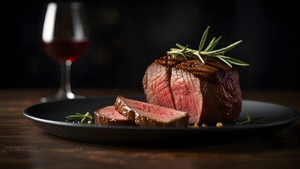 Juicy grilled beef steak with rosemary and peppercorns served with red wine