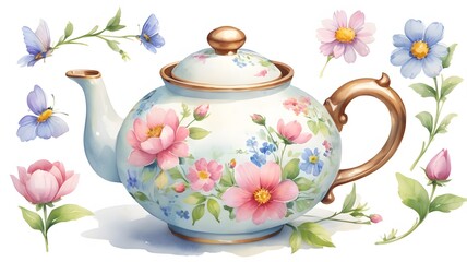 Floral Watercolor Teapot with Blooming Flowers Clipart