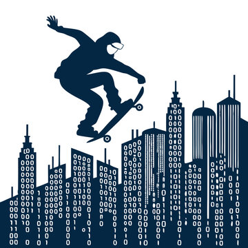 Digital Urban Edge: A Skateboarder Leaps Over a Cityscape Composed of Binary Code, Blending Urban Culture with the Digital World