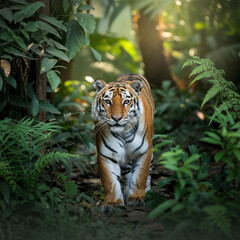 Bengal tiger walking through lush green jungle foliage