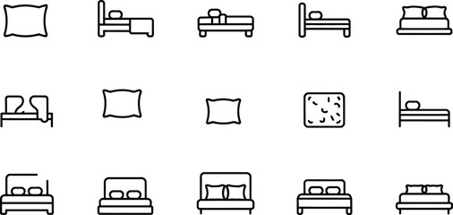 Modern minimalist line icons: beds, pillows, mattresses, sleep.