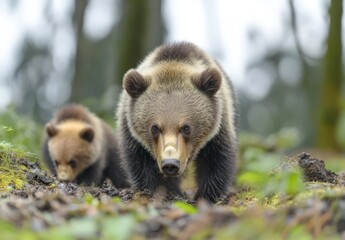 Obraz premium Majestic Grizzly Bear and Adorable Cub Walking Through Lush Forest Ground with Greenery and Trees Surrounding Them