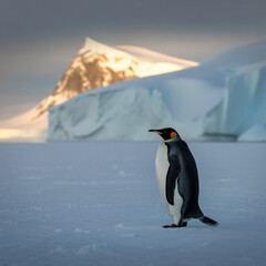 Fototapeta premium Lone emperor penguin stands on icy landscape with golden mountain
