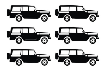 Vintage Off-Road Vehicle: A collection of vintage off-road vehicle silhouettes in various angles, embodying ruggedness and a timeless design.