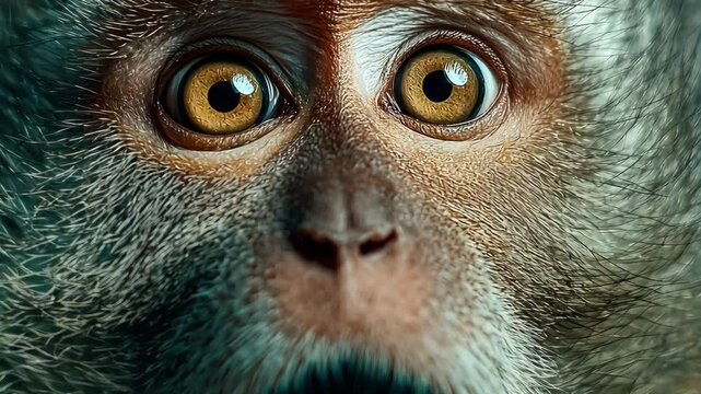 Extreme close-up of a monkey&rsquo;s face with wide eyes and startled look, highlighting emotion, detail, and personality in primates.
