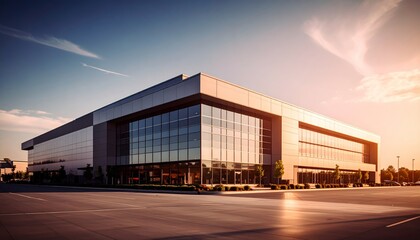 Modern supermarket building exterior against blue sky. Inviting facade