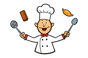 Culinary Maestro: A cheerful chef, clad in a traditional uniform, playfully juggles essential kitchen tools and ingredients, embodying culinary expertise and passion.