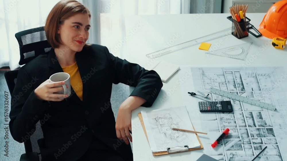 Poster top view of architect engineer drink coffee and draw blueprint at meeting table with equipment and s
