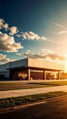 Obraz premium Modern supermarket building exterior against blue sky. Inviting facade