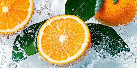 Fresh orange slices with water and green leaves for summer