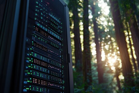 A server rack glows in a sun-dappled redwood forest, symbolizing sustainable data centers.