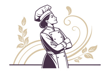 Confident Female Chef: A stylized illustration of a confident female chef, arms crossed, wearing a chef's uniform and toque, set against an elegant floral background.  