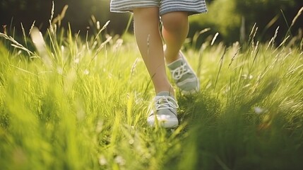 Child jumping barefoot on green grass, soft focus, summer fun, sunny afternoon 