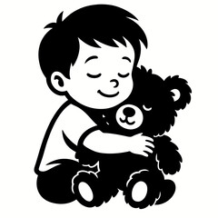 Cute child with fluffy teddy bear illustration, minimalist cartoon silhouette vector.