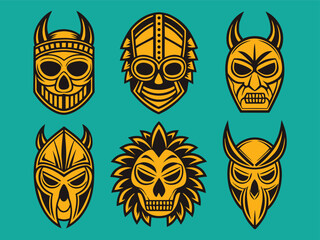 Obraz premium Collection of Stylized Tribal Masks Vector Art in Yellow and Black on Teal Background