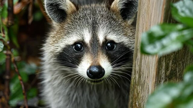 Curious raccoon looking directly at camera, showcasing its distinct facial markings and bright, intelligent eyes.
