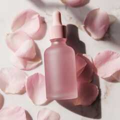 This is an Elegant Pink Serum Bottle adorned beautifully with delicate Rose Petals inside it
