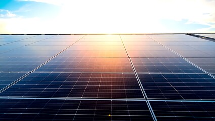 A low angle shot of a solar panel array reflecting the sky at sunset with visible grid patterns