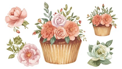 Floral Cupcake with Watercolor Pastel Decorations Clipart