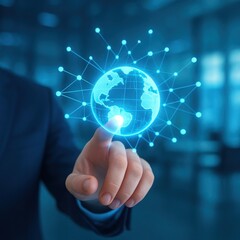 Obraz premium Hand touching a glowing globe with network connections in blue tones