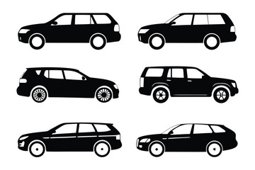 Fototapeta premium Vehicle silhouettes: A collection of sleek car silhouettes showcases various vehicle models in monochrome, perfect for design and automotive themes. 