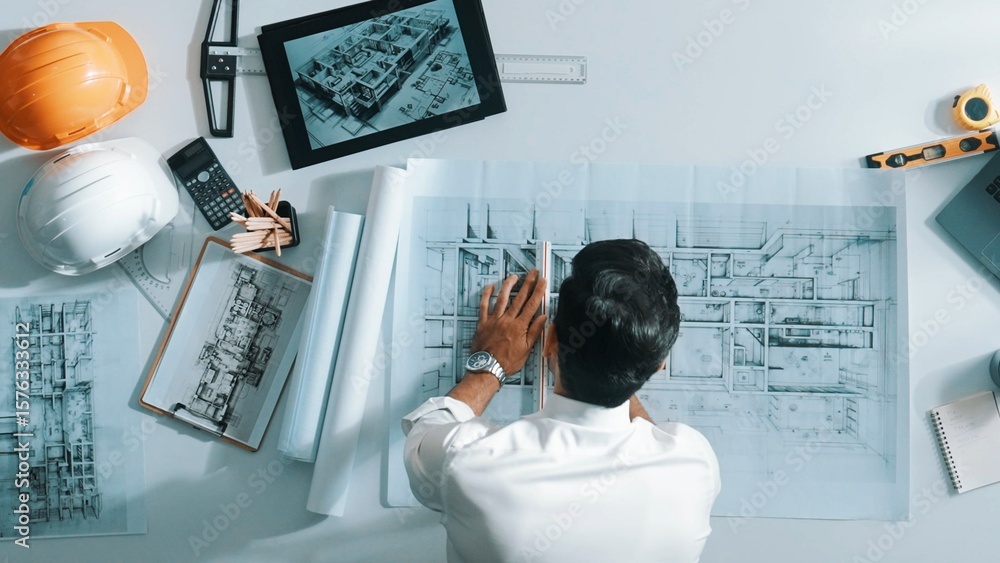 Poster top view of smart civil engineer drawing and measuring blueprint by using ruler. aerial view of arch