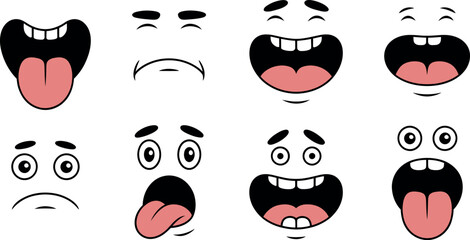 Cartoon Character Faces: Diverse Expressions,  Happy, Sad, Surprised, Vector Illustration
