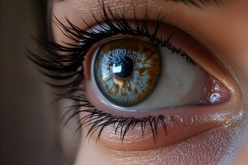 Naklejka premium Realistic extreme close-up of a human eye, focusing on the intricate details of the iris