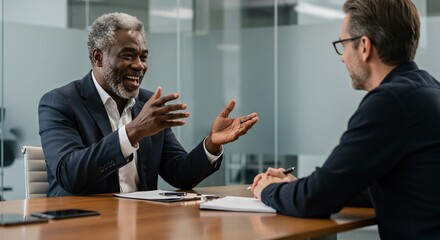 Animated discussion between two businessmen in a modern office setting, emphasizing collaboration and communication