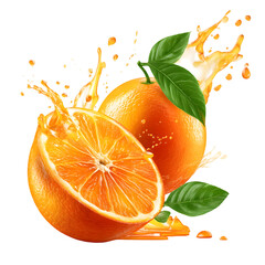 Juicy Burst of Citrus: A vibrant composition features a sliced orange, an uncut fruit, and fresh green leaves with juice splash. Perfect for culinary design.