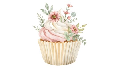 Handpainted Watercolor Cupcake with Soft Floral Toppings