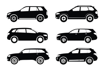 SUV Silhouettes: A collection of sleek, black SUV silhouettes showcasing diverse car designs, ready for illustrating concepts like travel and transportation. 
