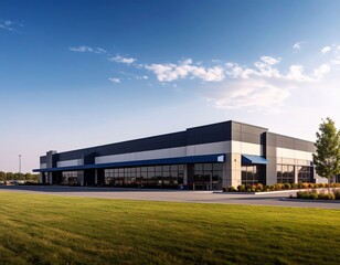 Fototapeta premium Modern supermarket building exterior against blue sky. Inviting facade