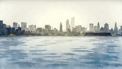 Obraz premium The majestic silhouette of New York’s skyline stretches across the horizon, reflecting urban sophistication and cultural energy. Ideal for backgrounds, websites, and promotional materials emphasizing 