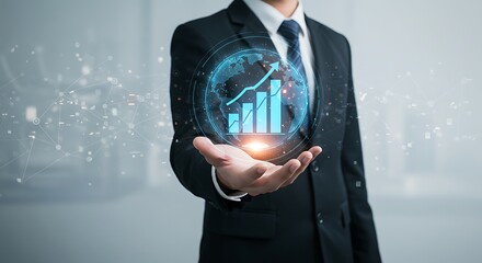 Businessman in suit presents a holographic graph with upward trend, surrounded by a digital globe and glowing particles, symbolizing growth.