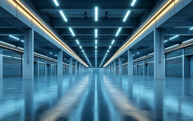 Obraz premium Empty futuristic garage with neon lighting and roll-up doors