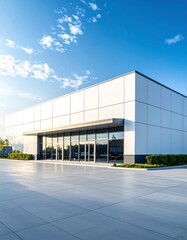 Fototapeta premium Modern supermarket building exterior against blue sky. Inviting facade