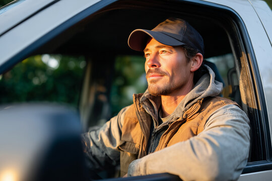male carpenter commuting to job site in pickup truck, dawn light, 