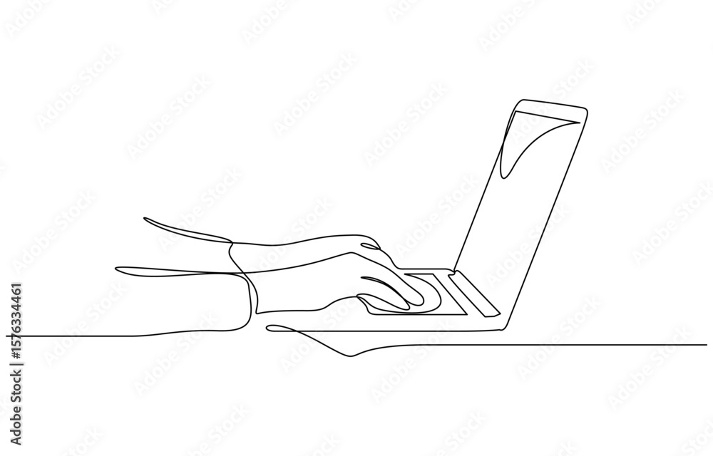 Fototapete laptop computer, human hands brush typing text on the keyboard. working at the computer, single line
