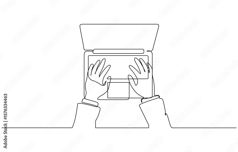 Fototapete laptop computer, human hands brush typing text on the keyboard. working at the computer, single line