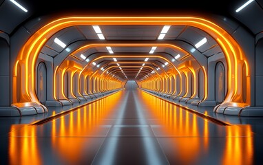 Futuristic spaceship corridor with orange neon lights and reflective floor