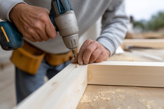 male carpenter assembling wooden frame, step by step task sequence, 