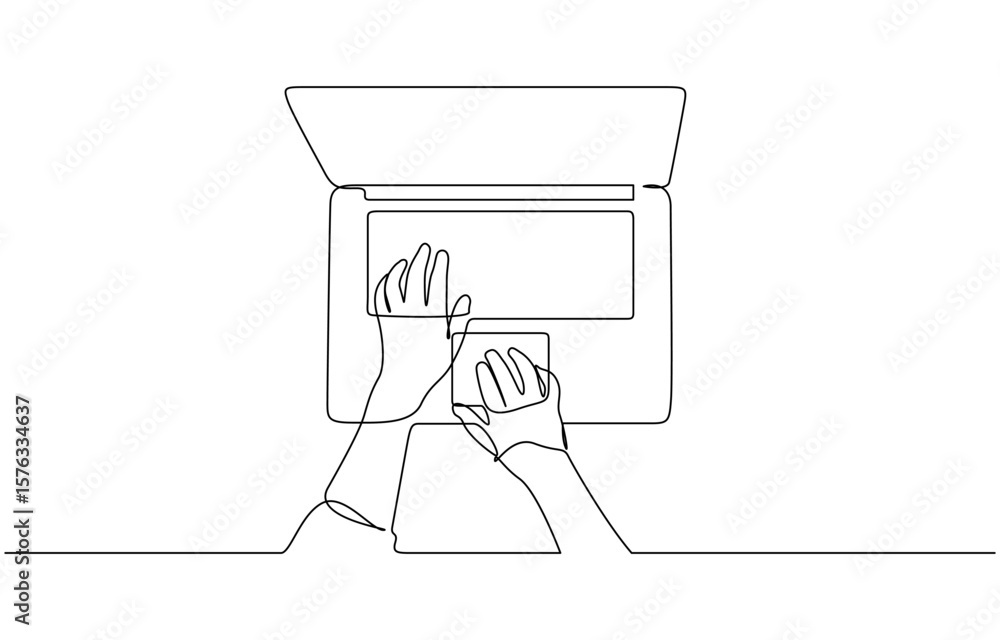 Fototapete Laptop computer, human hands brush typing text on the keyboard. Working at the computer, Single line drawing illustration of Typing on keybord. Working by using laptop concept vector art.