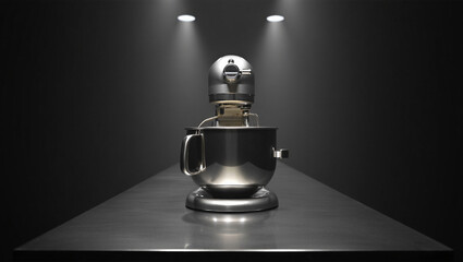 A sleek modern silver stand mixer with a whisk attachment sits centered on a reflective dark surface under dramatic spotlight illumination