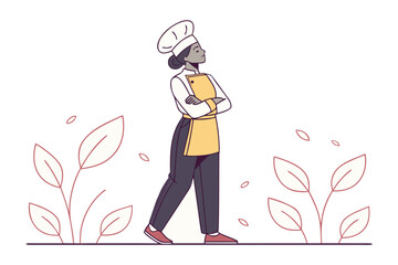 Culinary Confidence: A poised female chef, embodies expertise, poised for the next culinary endeavor. depicted in a minimalist style